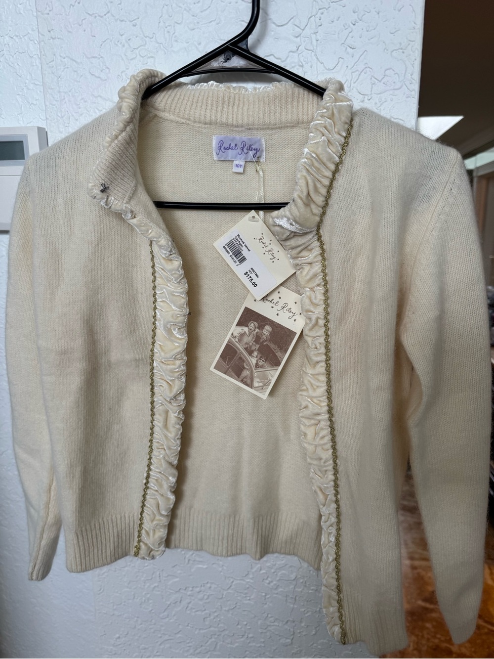Girls Rachel Riley Cream Ruched Velvet Cardigan Sweater